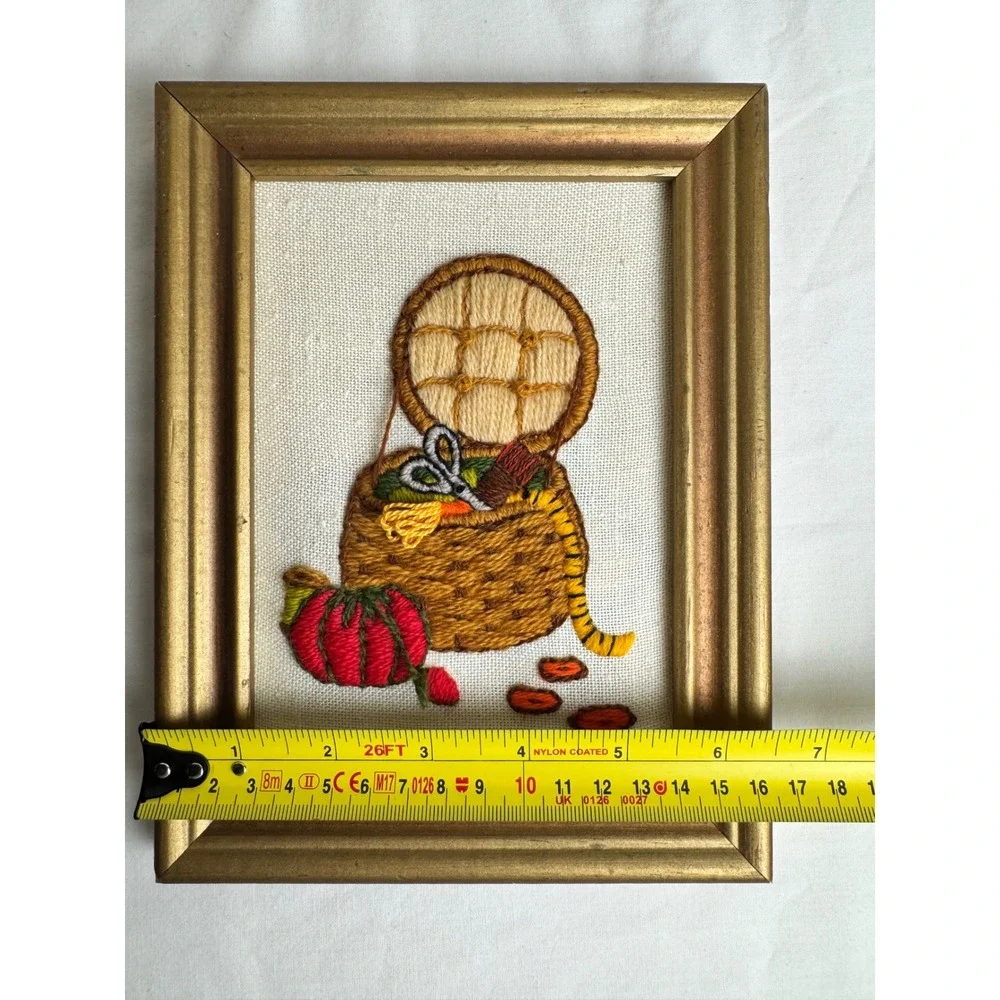 Vintage Framed Crewel Embroidery‎ Art Grandmacore Sewing Room Basket Handmade